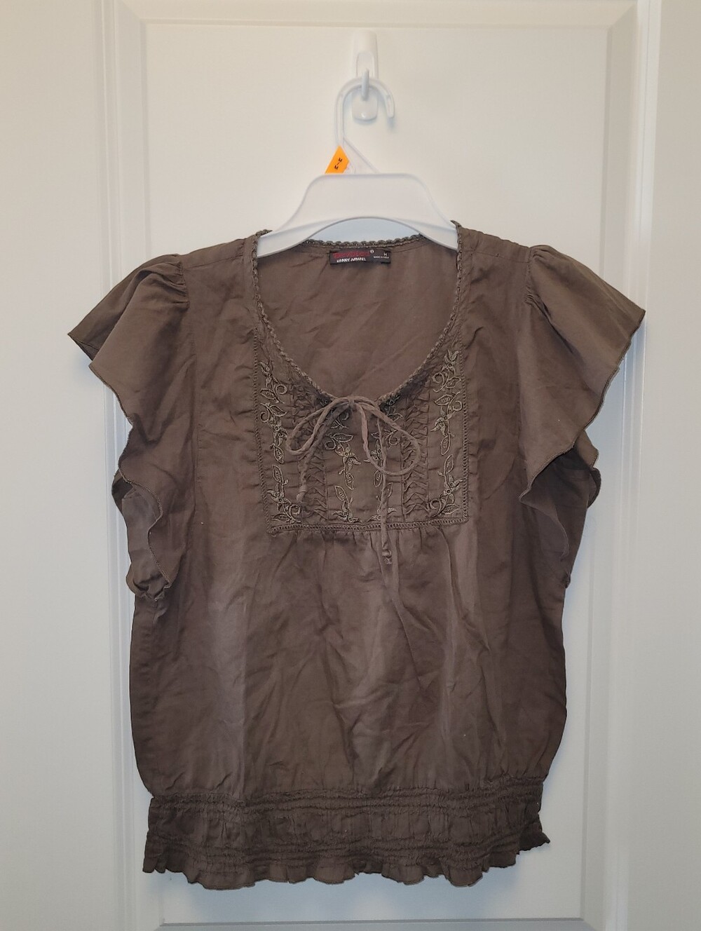 Devoted Boho Embroidered Peasant Top Brown Ruffle Sleeve Y2K Cottagecore